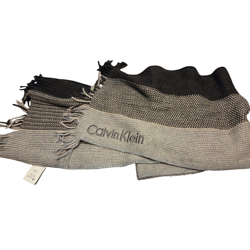 Calvin Klein Scarf Mens OS Grey Black Colorblock Knit Embroidered Logo Fringe